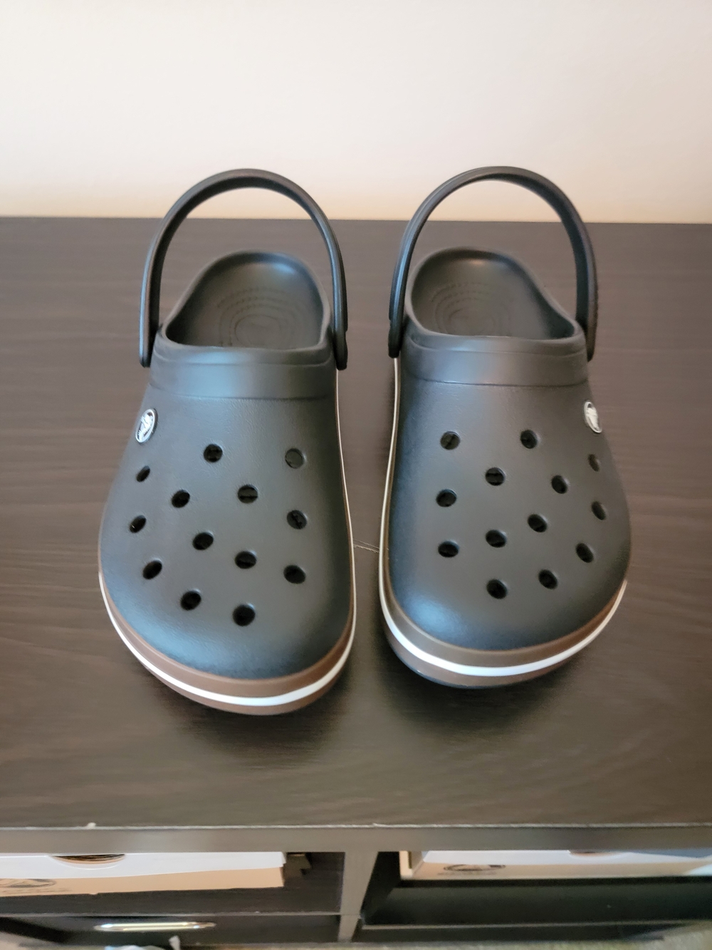 CROCS Classic Gum Clog Sandals in Black with Brown Trim